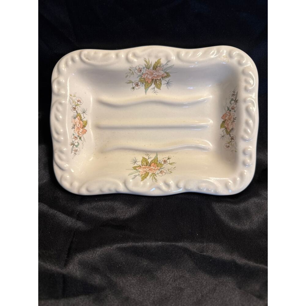 Vintage VB Athena USA California Pottery Soap Dish Floral Design 6”